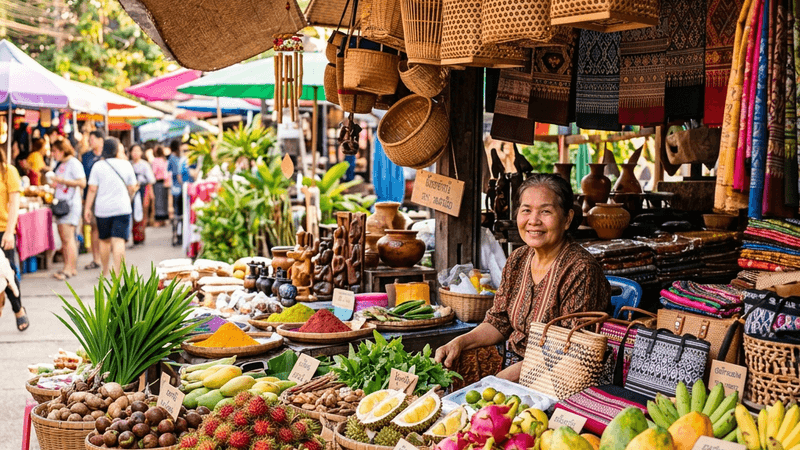 Colorful local market with handcrafted goods and exotic fruits
